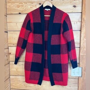 Women's Small Wool‎ Cotton Red and Black Plaid Cardigan Thick Heavy Quiet Luxury